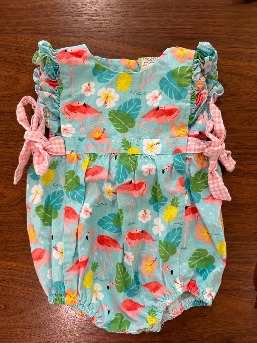 Classic Whimsy Aqua Flamingo Print Baby Romper with Pink Gingham Ties Size 6m